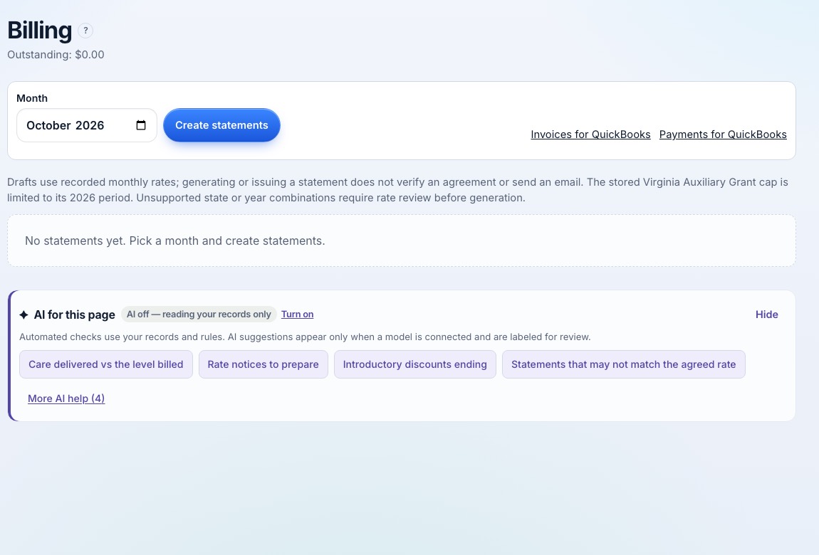 Billing: monthly statements and charges.