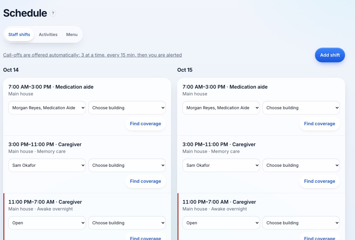 The staff schedule with shifts by day and a Find coverage button on each shift.